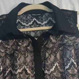 City Chic Black Lace Button-Down Shirt